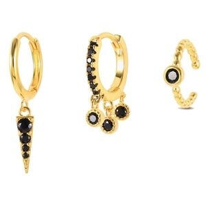 Goldtone & Black Crystal Spike And Hoop Set Of 3 Earrings